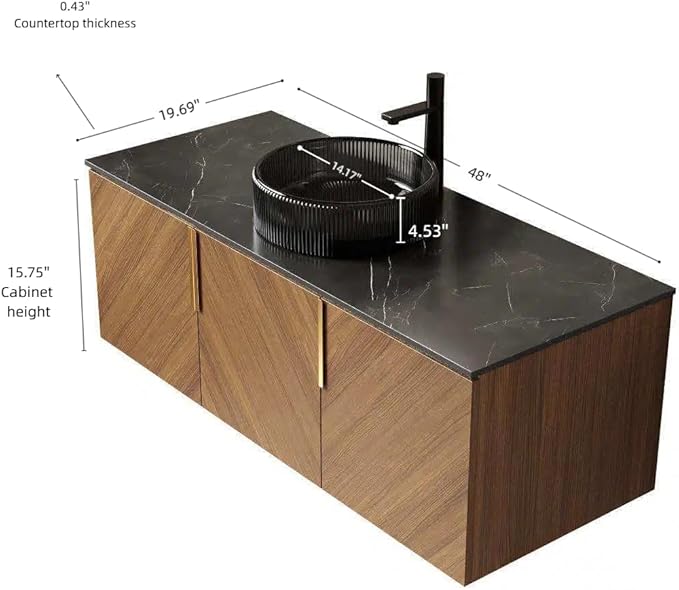 48 Inch Bathroom Vanity with Single Sink, Floating Bathroom Vanity with Vessel Sink, Modern Bathroom Vanity Cabinet with 3 Doors, Sintered Stone Countertop and Glass Basin,Brown Oak