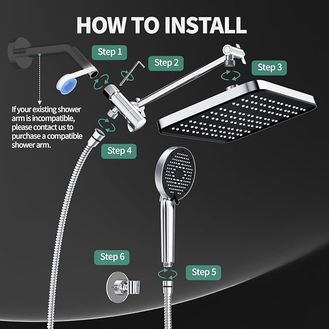 12 Inch Wide Rain Shower Head with Filtered Handheld Combo, High Pressure Rainfall Shower Head, 9 Spray Modes Handheld with 9-Inch Extension Arm, Comes with Filter Removes Chlorine (Chrome)