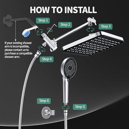 12 Inch Wide Rain Shower Head with Filtered Handheld Combo, High Pressure Rainfall Shower Head, 9 Spray Modes Handheld with 9-Inch Extension Arm, Comes with Filter Removes Chlorine (Chrome)