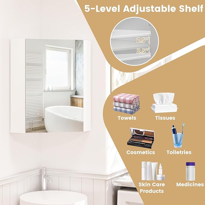 Giantex Corner Medicine Cabinet, 23.5” Over The Toilet Storage Cabinet with Mirror Door, Adjustable Shelf, Clear Reflection, Space-Saving Mirrored Cabinet, Bathroom Wall Cabinet for Entryway, White