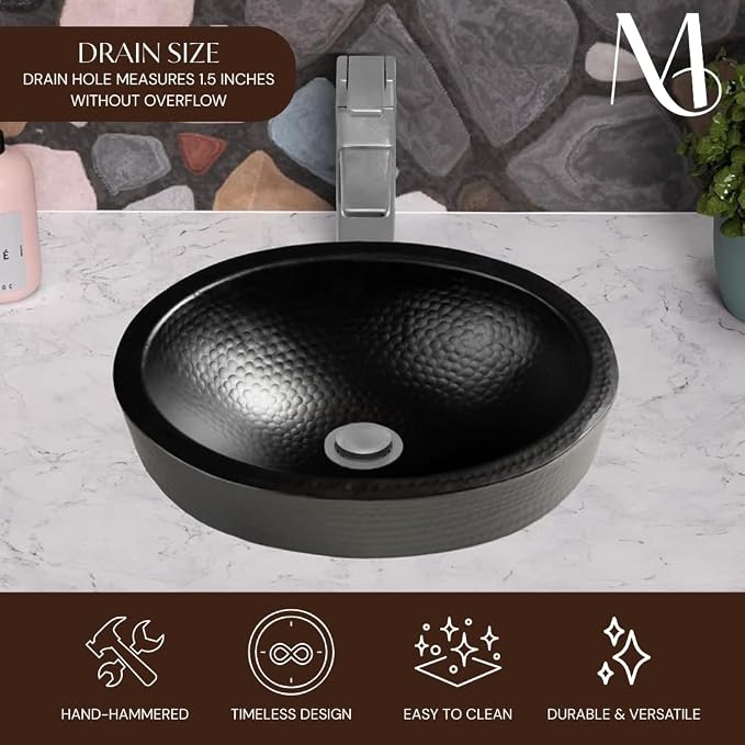 Monarch Abode Bathroom Sink – 17-Inch Oval Skirted Drop In Bathroom Sink, Top Mount Hand Hammered Matte Black Aluminum Vanity Sinks for Countertop, Powder Room, Restroom, Drop in Sinks for Bathrooms