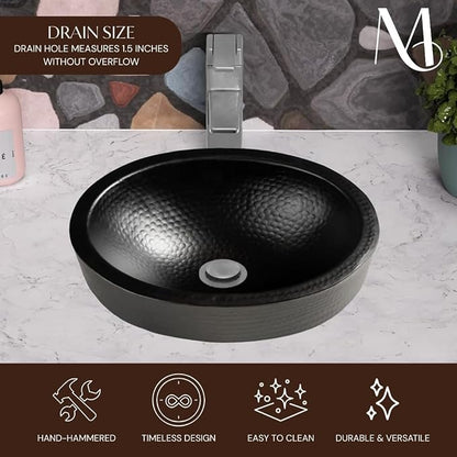 Monarch Abode Bathroom Sink – 17-Inch Oval Skirted Drop In Bathroom Sink, Top Mount Hand Hammered Matte Black Aluminum Vanity Sinks for Countertop, Powder Room, Restroom, Drop in Sinks for Bathrooms