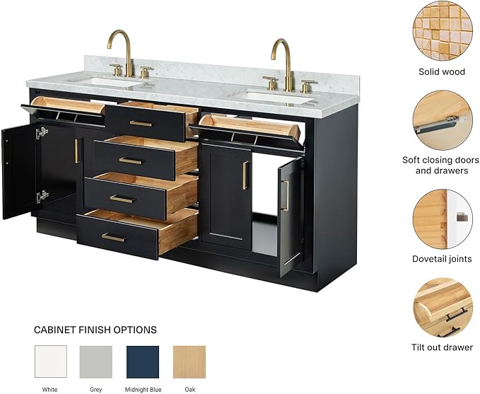 ARIEL Hepburn 72-inch Bathroom Vanity with Sink,Solid Wood, 1.5-inch Italian Carrara Marble Countertop, Double Rectangular Porcelain Sink, 4 Soft Closing Doors, 6 Dovetail Drawers, Black