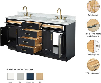 ARIEL Hepburn 72-inch Bathroom Vanity with Sink,Solid Wood, 1.5-inch Italian Carrara Marble Countertop, Double Rectangular Porcelain Sink, 4 Soft Closing Doors, 6 Dovetail Drawers, Black