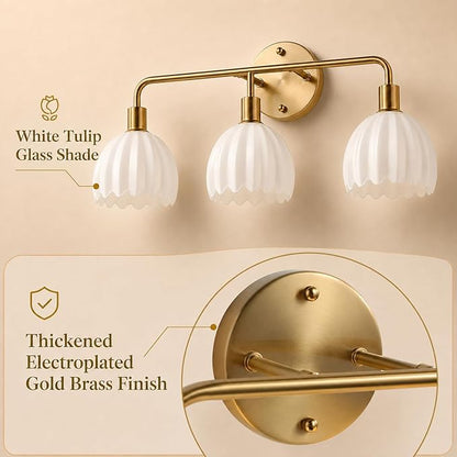 Brushed Gold 3-Light Vanlity Light Over Mirror,Wall Sconces,Gold Brass Bathroom Light Fixture with White Glass Flower Shade,E26 Socket(Bulbs Not Included)