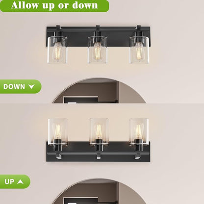 Bathroom Vanity Light,3 Light Matte Black Vanity Light with Thickened Clear Glass Shade, 21 inch Dimmable Modern Wall Sconce, Bathrooms Light Fixture Over Mirror for Bathroom