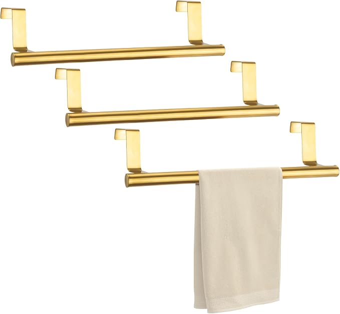 RETON 3 PCS Over Door Towel Rack, 9 Inch Stainless Steel Cabinet Towel Hanger Towel Bar Holders, Kitchen Towel Holder with Anti-Slip Pads, No Drilling (Gold)