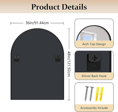 COFENY Arched Bathroom Mirror, 36x48IN Black Bathroom Mirror with Metal Frame, Wide Wall Mounted Mirrors Decor Modern Dresser Mirror for Bedroom Living Room Entryway