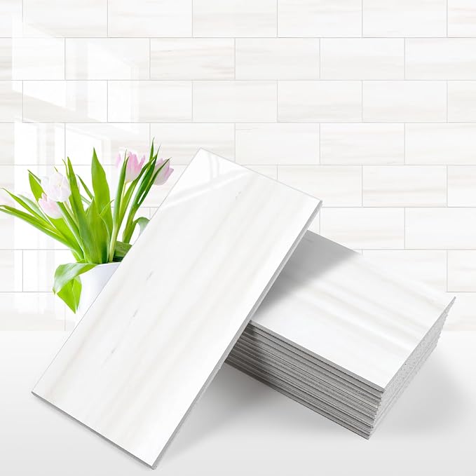 Vamos Tile 100-Piece Glossy Dolomite White Peel and Stick Backsplash Tile,3''x6'' PVC Subway Tile with White Grout, Stick on Backsplash for Kitchen/Bathroom/Fireplace