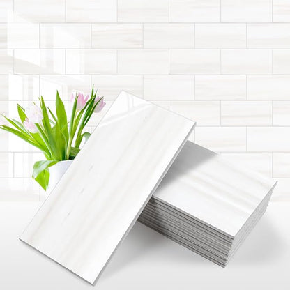 Vamos Tile 100-Piece Glossy Dolomite White Peel and Stick Backsplash Tile,3''x6'' PVC Subway Tile with White Grout, Stick on Backsplash for Kitchen/Bathroom/Fireplace