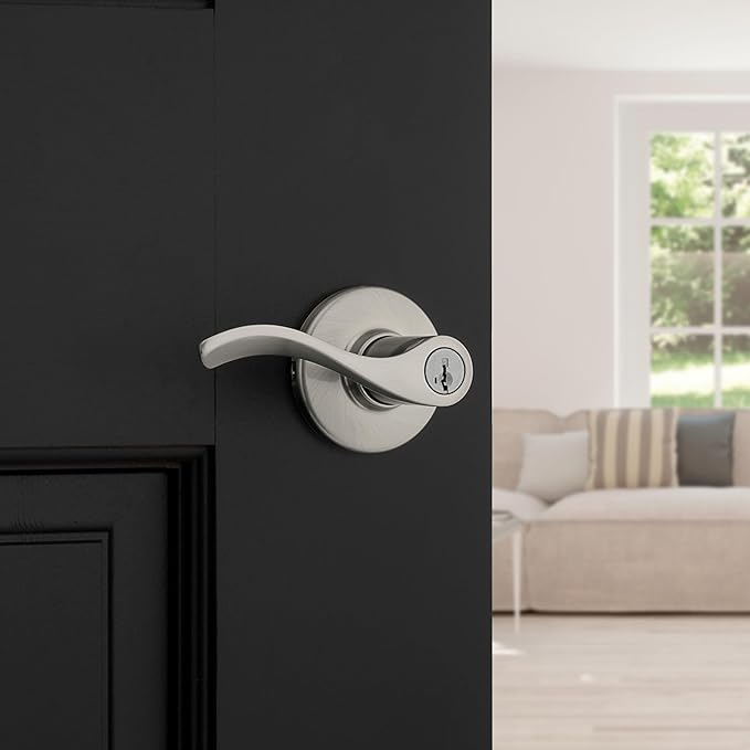 Kwikset Balboa Entry Door Handle with Lock and Key, Secure Keyed Reversible Lever Exterior, for Front Entrance and Bedrooms, Satin Nickel, Pick Resistant Smartkey Rekey Security and Microban