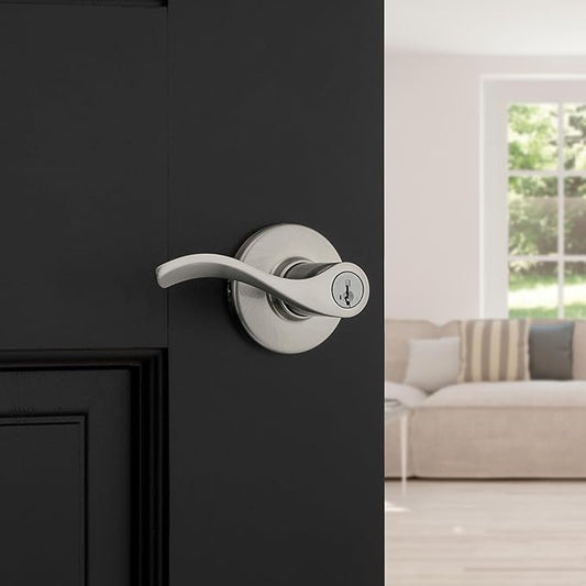 Kwikset Balboa Entry Door Handle with Lock and Key, Secure Keyed Reversible Lever Exterior, for Front Entrance and Bedrooms, Satin Nickel, Pick Resistant Smartkey Rekey Security and Microban