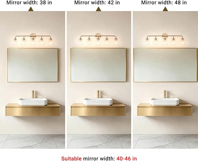 Daunton 5-Light Vintage Vanity Light, Brushed Brass Vanity Lighting, Elegant Bathroom Lighting Fixtures Over Mirror, Bathroom Vanity Light with Clear Glass Shade, Gold Wall Sconce for Bedroom