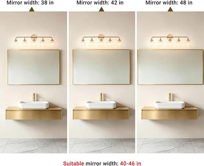 Daunton 5-Light Vintage Vanity Light, Brushed Brass Vanity Lighting, Elegant Bathroom Lighting Fixtures Over Mirror, Bathroom Vanity Light with Clear Glass Shade, Gold Wall Sconce for Bedroom