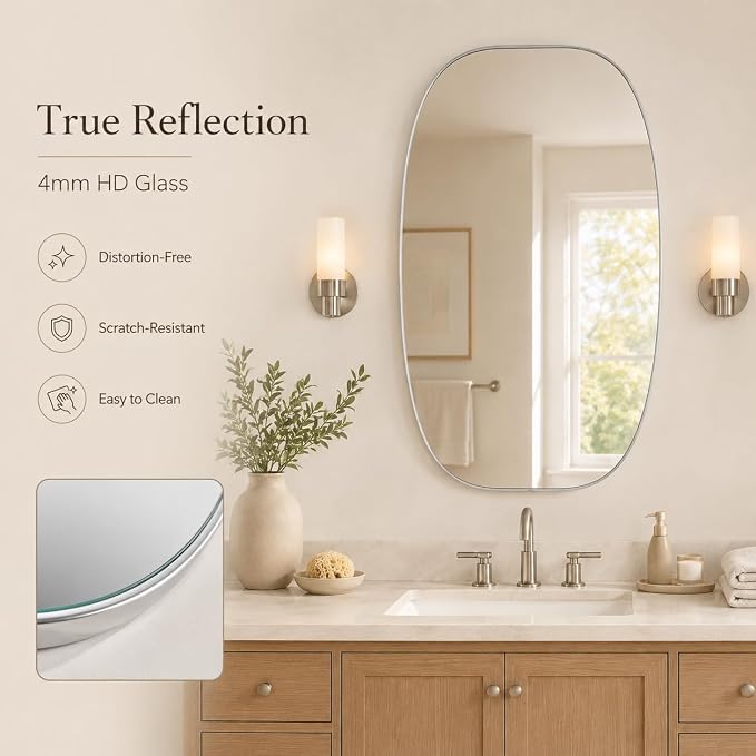 Silver Oval Bathroom Mirror 30x48 Inch | Oblong Vanity Mirror, Crystal-Clear HD Glass, Rust-Proof Aluminum Frame, Elegant Inner-Curved Edge, Modern Contemporary Style