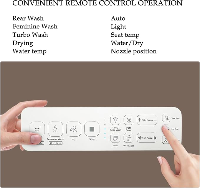 Bidet Toilet Seat, Bidet Seat with Remote Control, Warm Water Wash, Heated Seat, Air Dryer, Soft Close Lid, Night Light, Self Cleaning Nozzle, LED Display, Requires Outlet - Round