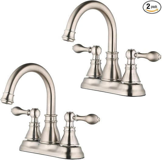 2 Handle Brushed Nickel Bathroom Sink Faucet 3 Hole Faucet with Overflow Pop up Drain,360° Swivel Spout 4 Inch Centerset Bathroom Faucet Without Supply Hoses,Meets cUPC NSF 61-9 AB1953,2 Pack