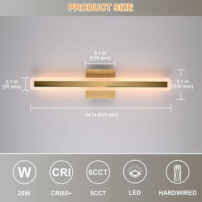 Modern Bathroom Vanity Light 24.0 Inch, 28W 5CCT Dimmable LED Vanity Light Bar, Brushed Brass LED Wall Sconces Bath Lighting Fixtures Over Mirror for Bathroom Cabinets Bedroom Living Room