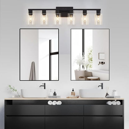 6 Light Bathroom Vanity Light, Matte Black Vanity Light Fixtures, Large Vanity Lights for Bathroom, Farmhouse Light Fixtures with Clear Glass Shade for Bathroom Over Mirror