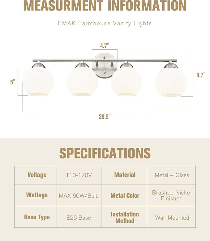 Emak Modern Brushed Nickel Vanity Light, 29 Inch Globe Bathroom Light Fixtures Over Mirror, 4 Light Bathroom Vanity Light with Milk Glass, VL114-BN-ML-4