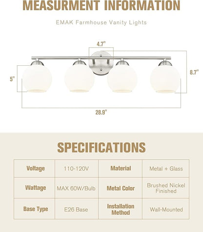 Emak Modern Brushed Nickel Vanity Light, 29 Inch Globe Bathroom Light Fixtures Over Mirror, 4 Light Bathroom Vanity Light with Milk Glass, VL114-BN-ML-4