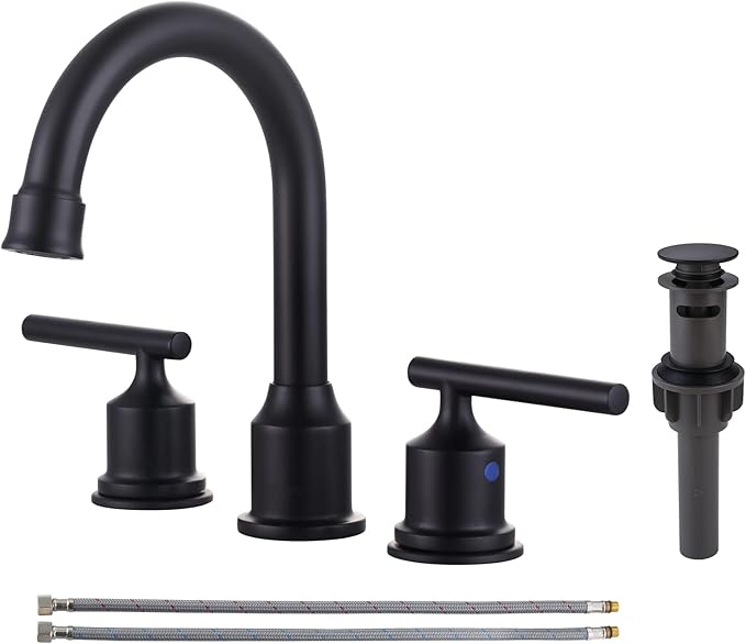 WOWOW 2 Handle Bathroom Faucet Matte Black Bathroom Sink Faucet Widespread Faucet with Pop Up Drain Brass Bathroom Faucet 3 Hole Vanity Faucet 8 Inch Basin Faucet