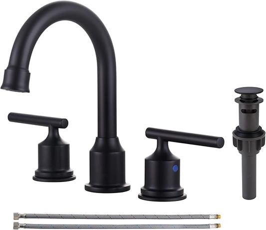 WOWOW 2 Handle Bathroom Faucet Matte Black Bathroom Sink Faucet Widespread Faucet with Pop Up Drain Brass Bathroom Faucet 3 Hole Vanity Faucet 8 Inch Basin Faucet