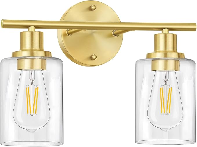 Bathroom Light Fixtures, 2 Light Vanity Light, Gold Wall Sconces Lighting | Modern Bath Wall Mounted Lights with Glass Shade, Porch Wall Lamp for Mirror, Living Room, Bedroom, Brushed Brass