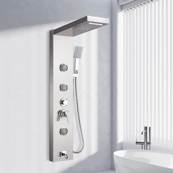 AlenArt Shower Panel Massage Jets Rainfall Waterfall Shower Head, Shower Stainless Steel Wall Mount Massage Multi-Function Bathroom Shower Panel Tower System, Brushed Nickel……