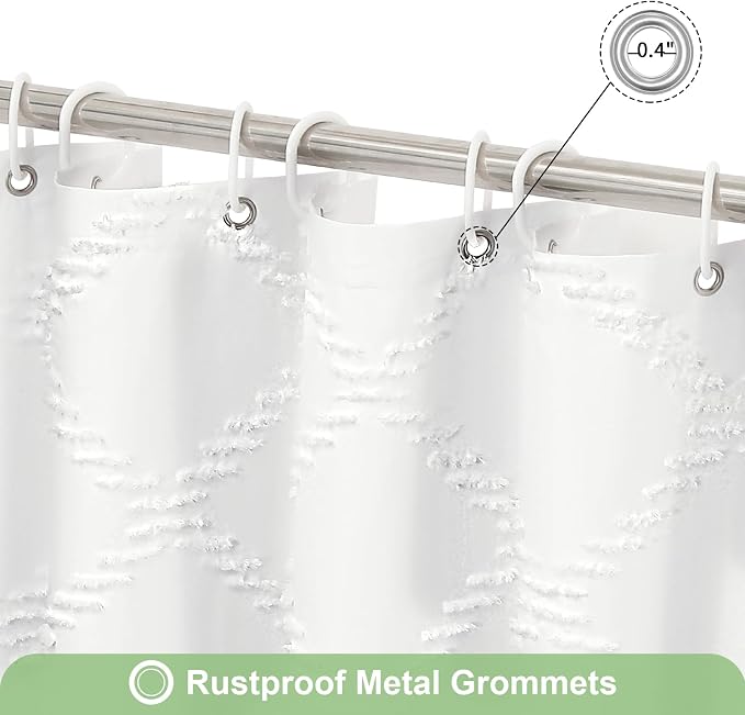 White Boho Woven Fabric Shower Curtain with Tassel 72x78, Tufted Textured | Modern Farmhouse Curtain for Bathroom, Long Bathroom Curtain, Minimalist Decor, Waterproof