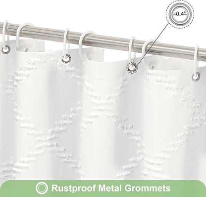 White Boho Woven Fabric Shower Curtain with Tassel 72x72, Tufted Textured | Modern Farmhouse Curtain for Bathroom, Standard Bathroom Curtain, Minimalist Decor, Waterproof