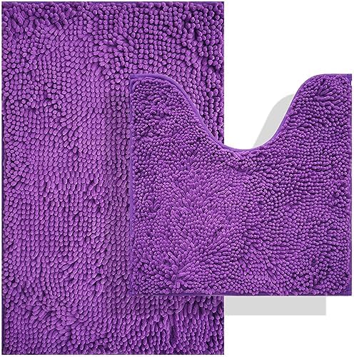BOANKODU Bathroom Rugs Sets 2 Piece, Absorbent Bath Mat for Bathroom Very Soft Chenille Non-Slip, 32x20 Inch + 20x20 Inch U Shape Bathroom Mat, Machine Washable Bath Rugs (Violet)