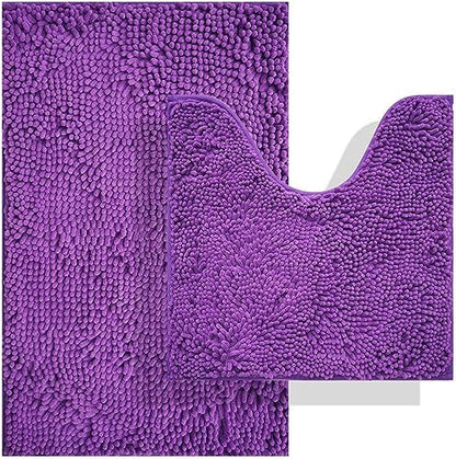 BOANKODU Bathroom Rugs Sets 2 Piece, Absorbent Bath Mat for Bathroom Very Soft Chenille Non-Slip, 32x20 Inch + 20x20 Inch U Shape Bathroom Mat, Machine Washable Bath Rugs (Violet)