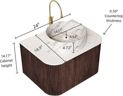 24'' Floating Vanity with Sink Combo, Modern Wall-Mounted Curved Edges Striped Bathroom Storage Cabinet with Soft-Close Drawer and White Stone Pattern Basin, Dark Walnut