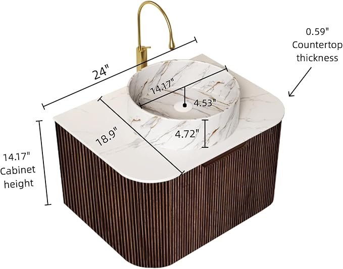 24'' Bathroom Vanities Cabinet with Sink Combo, Wall Mounted Floating Cabinet W/Curved Edges Stripes, Oak Plywood, Soft-close System with a Drawer, White Round Ceramic Basin - Kiel, Dark Walnut/S