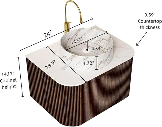 24'' Bathroom Vanities Cabinet with Sink Combo, Wall Mounted Floating Cabinet W/Curved Edges Stripes, Oak Plywood, Soft-close System with a Drawer, White Round Ceramic Basin - Kiel, Dark Walnut/S