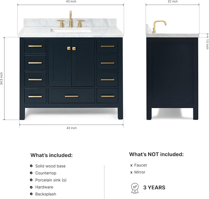 ARIEL Cambridge 42-inch Bathroom Vanity with Sink,Solid Wood, 1.5-inch Italian Carrara Marble Countertop, Single Rectangular Porcelain Sink, 2 Soft Closing Doors, 9 Dovetail Drawers, Midnight Blue