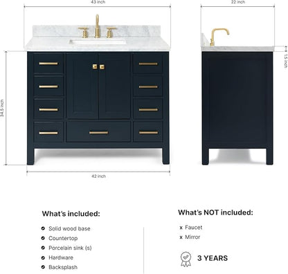 ARIEL Cambridge 42-inch Bathroom Vanity with Sink,Solid Wood, 1.5-inch Italian Carrara Marble Countertop, Single Rectangular Porcelain Sink, 2 Soft Closing Doors, 9 Dovetail Drawers, Midnight Blue
