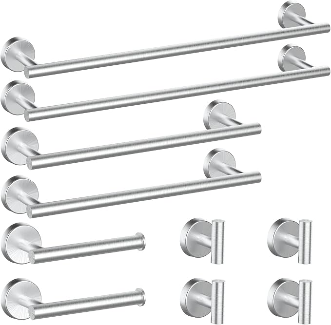 Newfun 10Pcs Brushed Nickel Bathroom Hardware Set - Includes 24&18inch Towel Bar, Robe Hook, Toilet Paper Holder, 2 Pack 5 Piece Bathroom Accessories Set Stainless Steel Wall Mounted | Include 24 inch Towel Bar, Robe Hook, Toilet Paper Holder, Stainles...