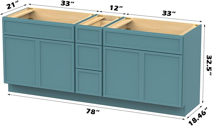 HomeBeyond 78 Inches Bathroom Vanity Base Cabinet Without Sink, Double Sink Top Sturdy Floor Mounted Cabinet with Door & Soft Closing Drawers, Green, VA4133-2+VA4112-3