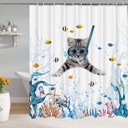 Funny Cat Shower Curtain,Cute Cat Teal Blue Sea OceanShower Curtain Set,Underwater Animal Fabric Shower Curtains for Bathroom with Hooks 72X72inches
