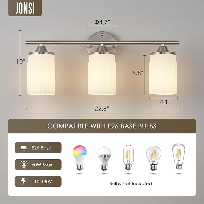 Jonsi Nickel Bathroom Light Fixtures 3-Light Vanity Lights Modern Wall Sconce with Milk White Shade Brushed Nickel Bathroom Light Fixture Over Mirror for Bedroom Hallway Kitchen