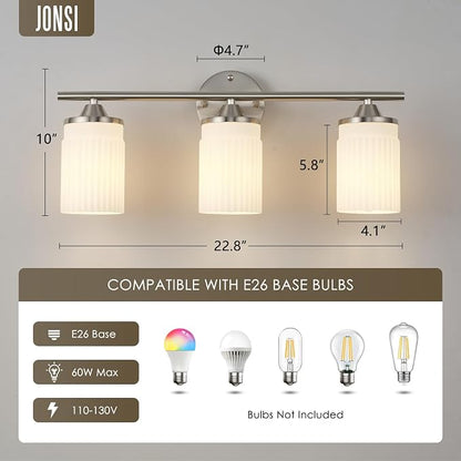 Jonsi Nickel Bathroom Light Fixtures 3-Light Vanity Lights Modern Wall Sconce with Milk White Shade Brushed Nickel Bathroom Light Fixture Over Mirror for Bedroom Hallway Kitchen
