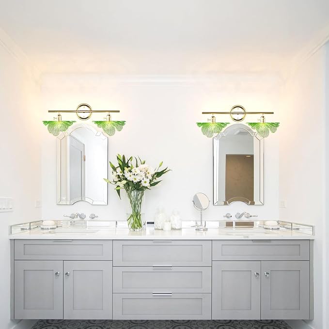 2 Light Vintage Wall Sconces with Glass Shades,Vanity Light,Bathroom Light,Wall Lighting Fixture for Mirror,Home Decor Art Wall Light (Golden+Green, 2-Lights)