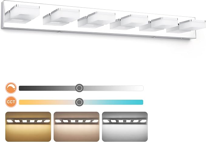 GOODATE 3 Colors Dimmable Bathroom Light Fixtures Over Mirror, LED Chrome Vanity Lights, Acrylic Stainless Steel 6 Light Bathroom Vanity Light, Adjustable 3000K/4000K/6000K, 360° Rotate