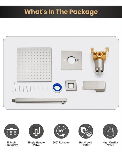 Airuida 10 Inch Brushed Nickel Shower Faucet Set,Shower Valve Kit | Rainfall Shower Head and Handle Set,Female Thread Rough-in Valve Shower Kit,Single Function Shower System