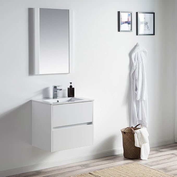 Blossom 24" Modern Bathroom Vanity and Sink Combo - Zero MDF Marine Grade Plywood Wall Mount Vanity - Preassembled Small Space Bathroom Storage, Glossy White Floating Sink Cabinet