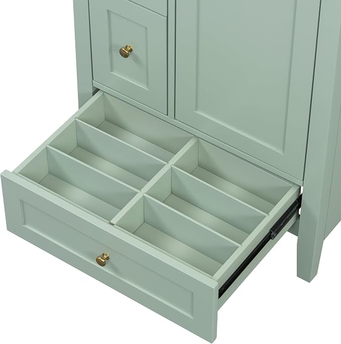24" Bathroom Vanity with Ceramic Sink,Undermount Single Basin Bath Vanity Set w/3 Drawers and Adjustable Shelf,Modern Freestanding Storage Cabinet,MDF & Rubberwood,Green
