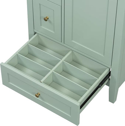 24" Bathroom Vanity with Ceramic Sink,Undermount Single Basin Bath Vanity Set w/3 Drawers and Adjustable Shelf,Modern Freestanding Storage Cabinet,MDF & Rubberwood,Green