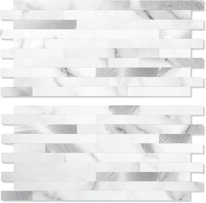 Yipscazo 40 Sheets Peel and Stick Stone Metal Backsplash Tiles, PVC Wall Tiles Stick on Backsplash for Kitchen, Bathroom (6'' X 12'', Smooth Marble White)